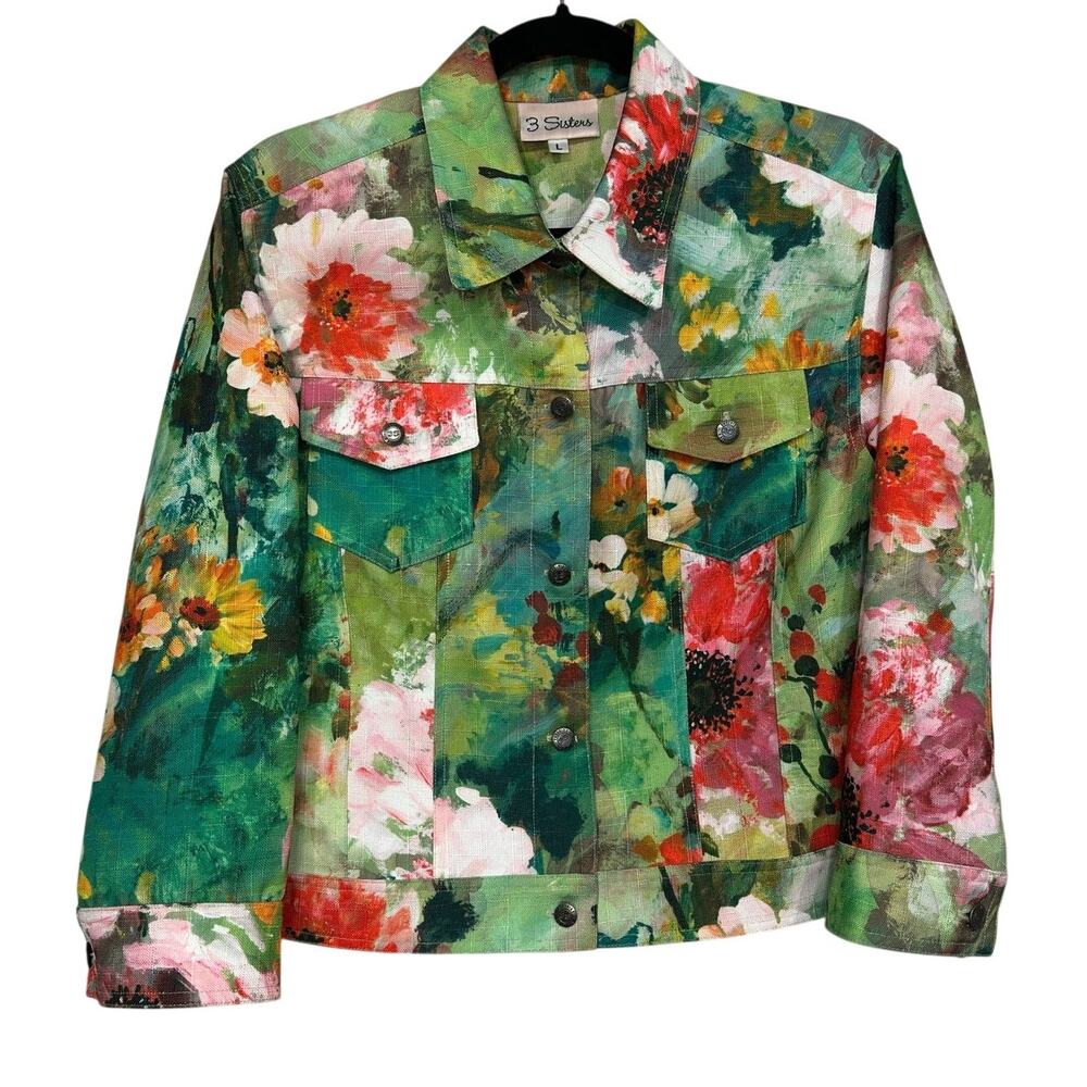 3 Sisters Bright Floral Button Up Jacket Collard Art To Wear USA Made Sz: L